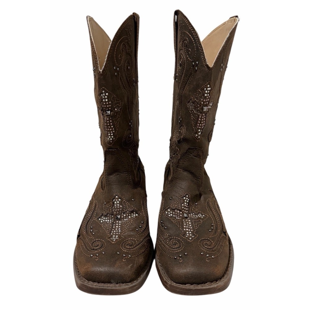 Roper Faith Square‎ Toe Cowboy Boots Brown Youth Girls  Size 3